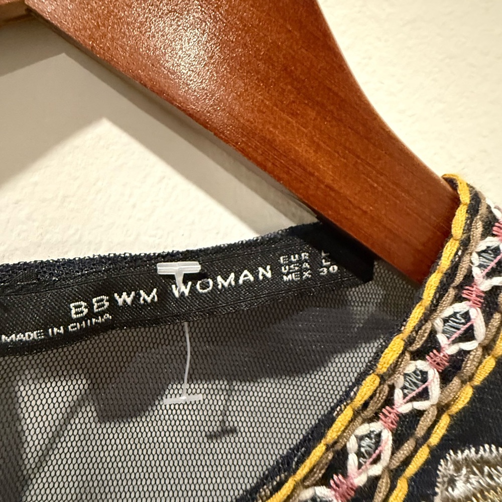 Zara Navy Sheer Blouse with Multicolor Embroidery Size L - Picture 4 of 7